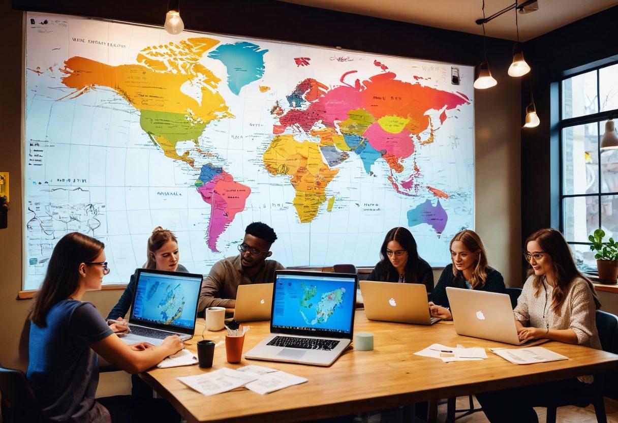 A vibrant illustration of a diverse group of bloggers working on laptops in a cozy cafe, surrounded by colorful sticky notes and brainstorming charts. A large world map in the background symbolizes the interconnected blogosphere. Elements of creativity like light bulbs and gears floating around, showcasing ideas and engagement. The atmosphere should feel lively and inspiring. super-realistic. vibrant colors. cozy setting.