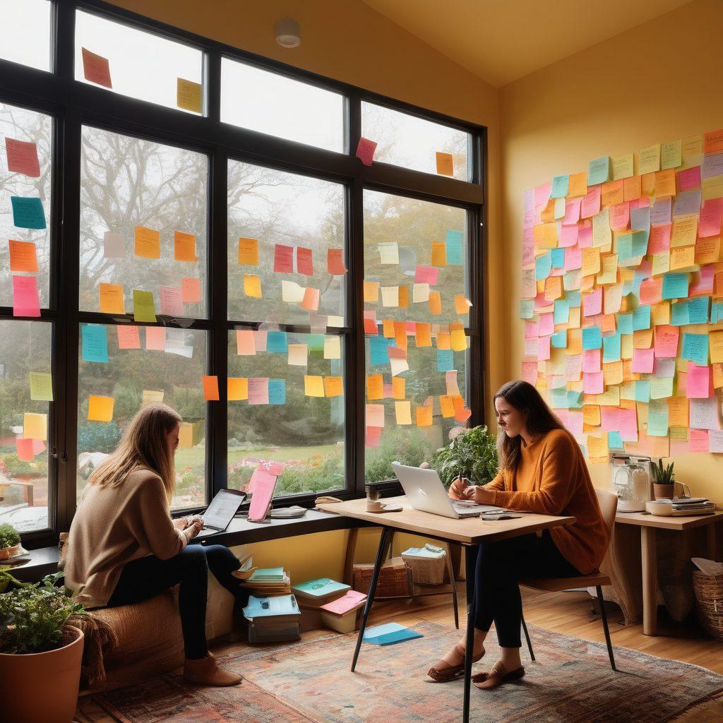 A diverse group of individuals sitting in a cozy, sunlit room, each person deeply engaged in writing on their laptops, surrounded by colorful sticky notes and inspirational quotes on the walls. A large window displays a serene outdoor scene, symbolizing the connection between personal narratives and the outside world. Include a steaming cup of coffee on a table to evoke a relaxed atmosphere. The overall color palette should be warm and inviting. super-realistic. vibrant colors. cozy atmosphere.
