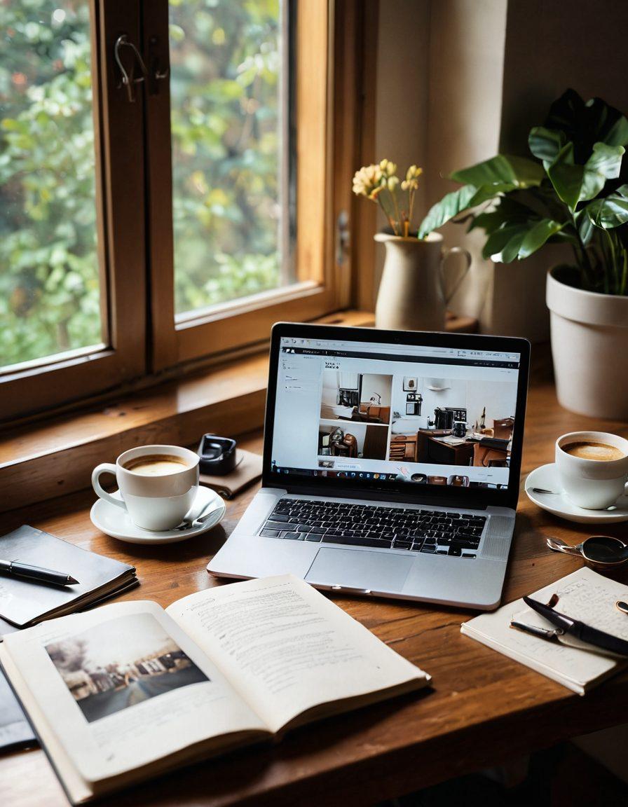 A warm and inviting scene featuring a cozy workspace with a laptop opened to a blog interface, surrounded by personal memorabilia like photographs and journals that depict personal stories. A cup of coffee sits nearby, symbolizing connection over shared narratives. Soft natural light streams in, creating an intimate atmosphere. super-realistic. warm tones. cozy ambiance.